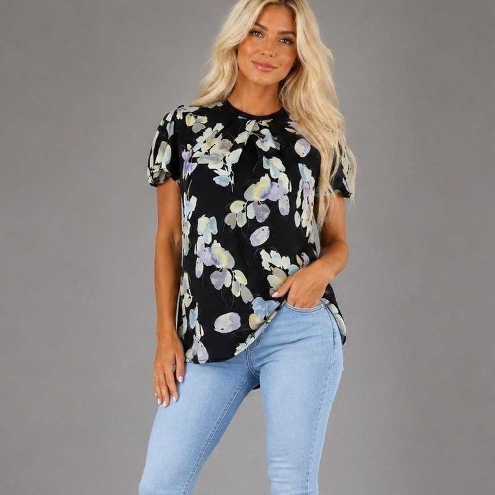 RW&CO Black Floral Puff Sleeve Keyhole Back‎ Blouse Watercolor Print Top